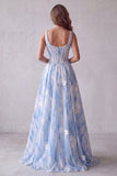 Corset floral à col carré bleu clair perlé, longue robe de cérémonie