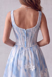Corset floral à col carré bleu clair perlé, longue robe de cérémonie