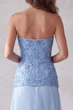 Robe de cérémonie bleue ligne A sans bretelles, plissée avec floral 3D et strass