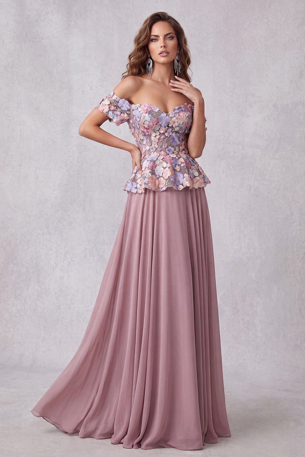 Robe de cérémonie mauve vintage avec fleurs 3D, ligne A à épaules dénudées