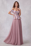 Robe de cérémonie mauve vintage avec fleurs 3D, ligne A à épaules dénudées