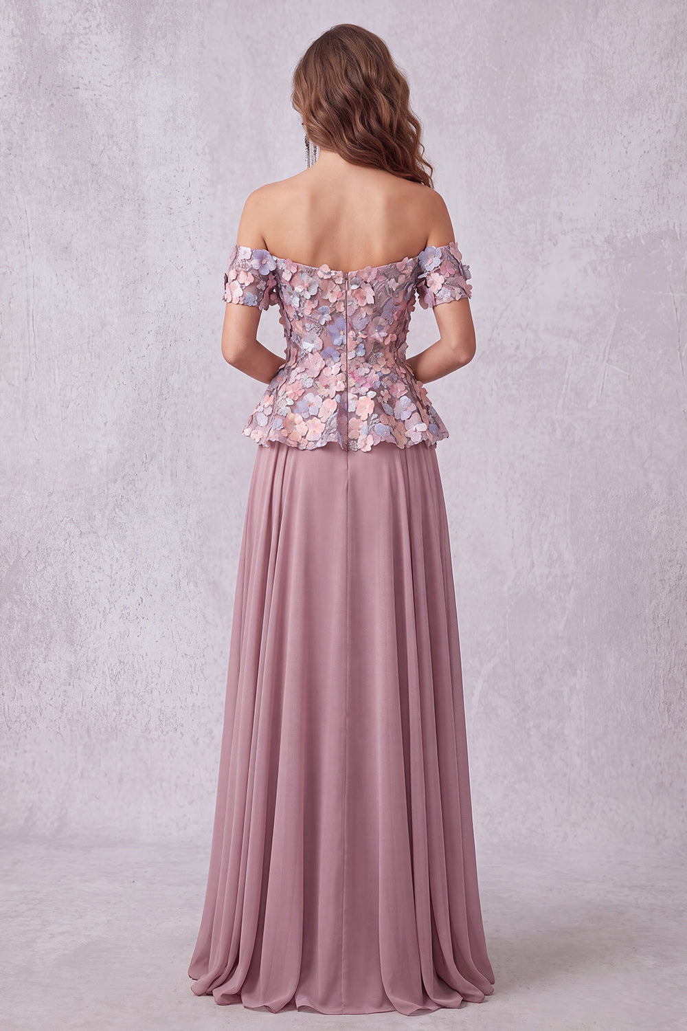 Robe de cérémonie mauve vintage avec fleurs 3D, ligne A à épaules dénudées