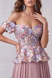 Robe de cérémonie mauve vintage avec fleurs 3D, ligne A à épaules dénudées