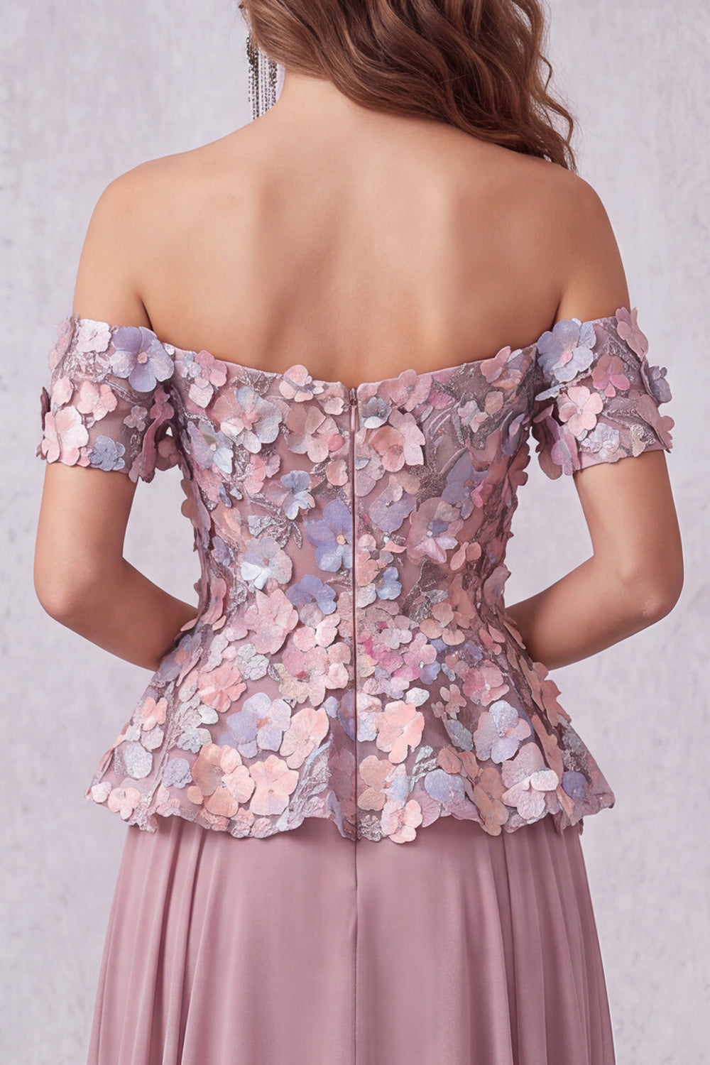 Robe de cérémonie mauve vintage avec fleurs 3D, ligne A à épaules dénudées