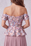 Robe de cérémonie mauve vintage avec fleurs 3D, ligne A à épaules dénudées