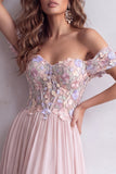 Corset ligne A rose clair, longue robe de cérémonie à épaules dénudées avec appliqués floraux 3D