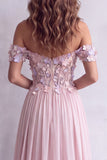 Corset ligne A rose clair, longue robe de cérémonie à épaules dénudées avec appliqués floraux 3D