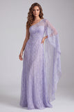 Robes de Cérémonie lilas perlée à une épaule avec cape latérale