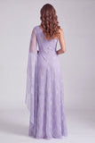 Robes de Cérémonie lilas perlée à une épaule avec cape latérale