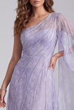 Robes de Cérémonie lilas perlée à une épaule avec cape latérale