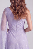 Robes de Cérémonie lilas perlée à une épaule avec cape latérale