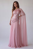 Robes de Cérémonie rose perlée et froncée à une épaule avec cape latérale