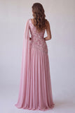 Robes de Cérémonie rose perlée et froncée à une épaule avec cape latérale
