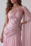 Robes de Cérémonie rose perlée et froncée à une épaule avec cape latérale