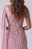 Robes de Cérémonie rose perlée et froncée à une épaule avec cape latérale