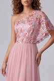 Robes de cérémonie longue rose ligne A à une épaule avec broderie