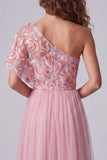 Robes de cérémonie longue rose ligne A à une épaule avec broderie