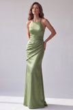 Robes de cérémonie longue verte sirène à encolure dos-nu croisée à bretelles froncée