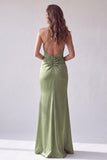 Robes de cérémonie longue verte sirène à encolure dos-nu croisée à bretelles froncée