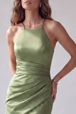 Robes de cérémonie longue verte sirène à encolure dos-nu croisée à bretelles froncée