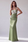 Longue robes de cérémonie verte sirène à encolure dos nu avec appliqués floraux