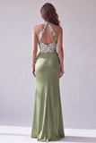 Longue robes de cérémonie verte sirène à encolure dos nu avec appliqués floraux
