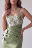 Longue robes de cérémonie verte sirène à encolure dos nu avec appliqués floraux