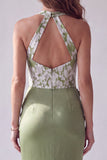Longue robes de cérémonie verte sirène à encolure dos nu avec appliqués floraux