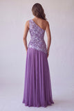 Longue robes de cérémonie violette à une épaule avec broderie florale