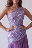 Longue robes de cérémonie violette à une épaule avec broderie florale