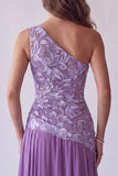 Longue robes de cérémonie violette à une épaule avec broderie florale