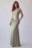 Robes de cérémonie longue vert clair à manches froncées avec fleurs 3D