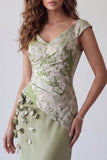Robes de cérémonie longue vert clair à manches froncées avec fleurs 3D