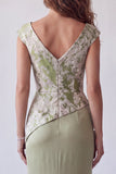 Robes de cérémonie longue vert clair à manches froncées avec fleurs 3D