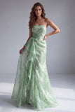 Robes de cérémonie longue verte sirène florale sans bretelles avec volants