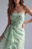 Robes de cérémonie longue verte sirène florale sans bretelles avec volants