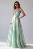 Robes de cérémonie longue verte ligne A en organza florale à encolure dos-nu