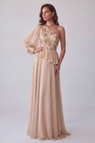 Robes de cérémonie longue champagne ligne A avec broderie asymétrique