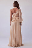Robes de cérémonie longue champagne ligne A avec broderie asymétrique