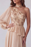 Robes de cérémonie longue champagne ligne A avec broderie asymétrique