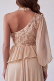 Robes de cérémonie longue champagne ligne A avec broderie asymétrique