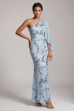 Robe de mère de la mariée en sirène bleu ciel bleu ciel à paillettes à une épaule