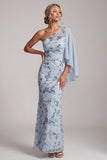 Robe de mère de la mariée en sirène bleu ciel bleu ciel à paillettes à une épaule