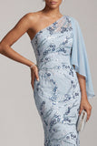 Robe de mère de la mariée en sirène bleu ciel bleu ciel à paillettes à une épaule
