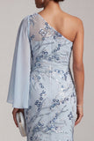 Robe de mère de la mariée en sirène bleu ciel bleu ciel à paillettes à une épaule