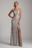 Longue robe de mère de la mariée à col carré argenté à perles et fente