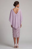 Robe de la mère de la mariée à col nu lilas bodycon perles florales midi avec une cape