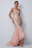 Une épaule en forme de sirène rose paillettes longue robe de la mère de la mariée avec volants