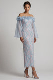 Robe longue de maman de la mariée, longue robe de la mariée bleu moulant bleu poussiéreux et perlée à perles