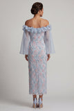 Robe longue de maman de la mariée, longue robe de la mariée bleu moulant bleu poussiéreux et perlée à perles